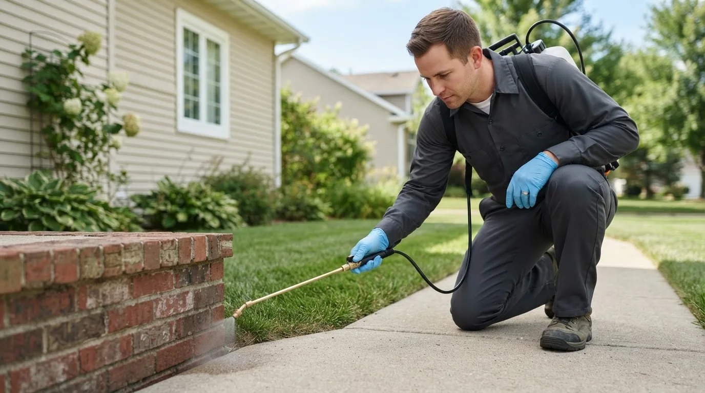 Pest control technician treating a home near Hulbert, MI