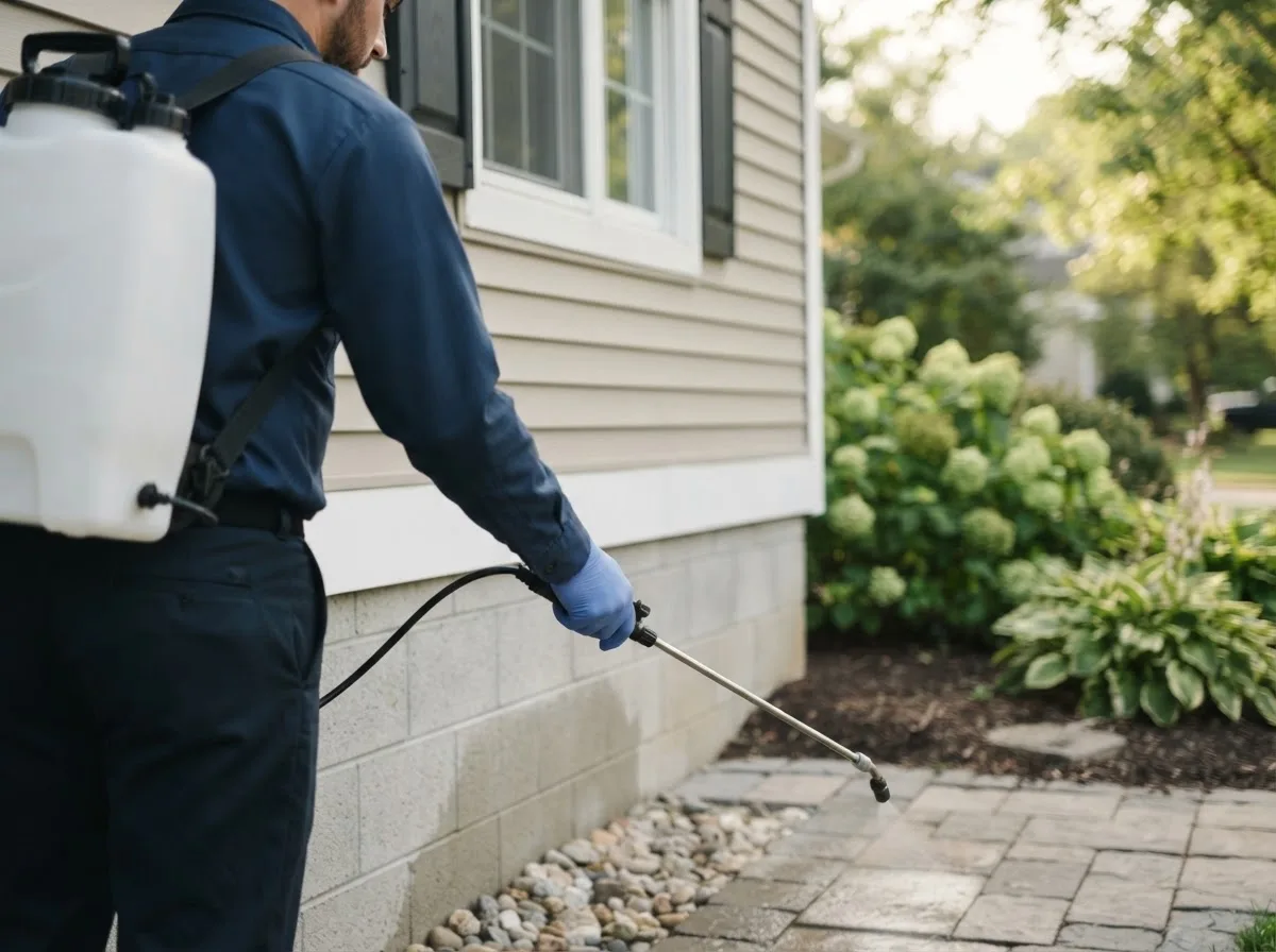 Pest control technician inspecting a home in Hulbert, MI
